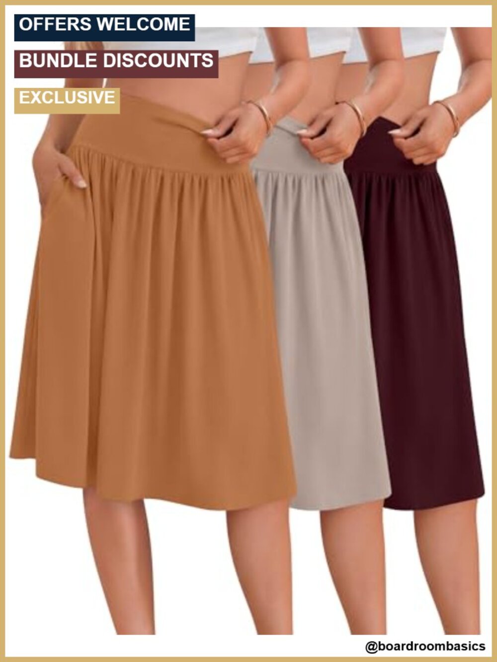 3 Pack Women's Midi Skirts A-Line Flowy Knee Length High Waist Pockets